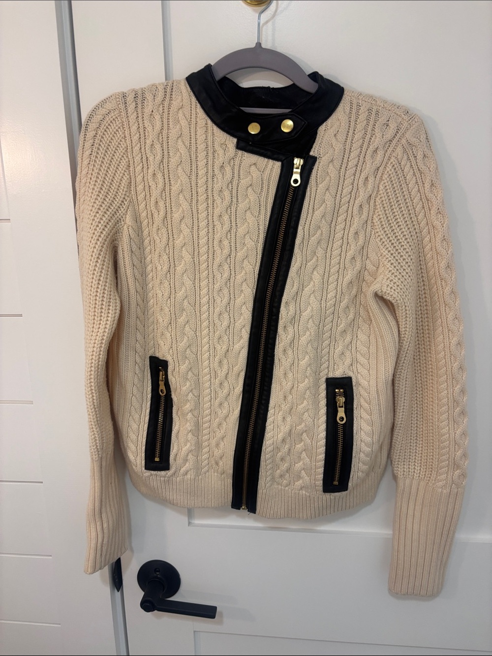 Club Monaco Cream Cable Knit Zip Cardigan with Black Trim